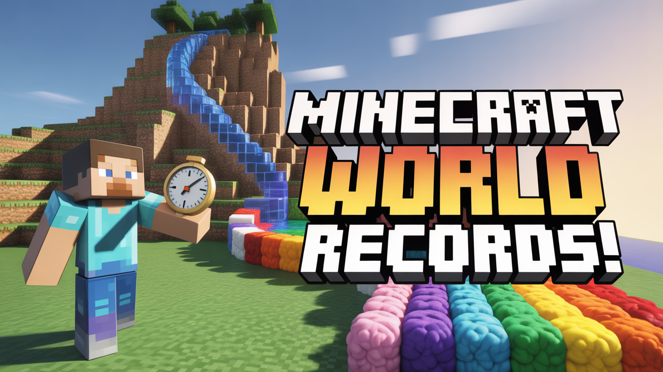 Minecraft world records thumbnail showing player with stopwatch, tall dirt tower, rainbow wool, and water slide challenges