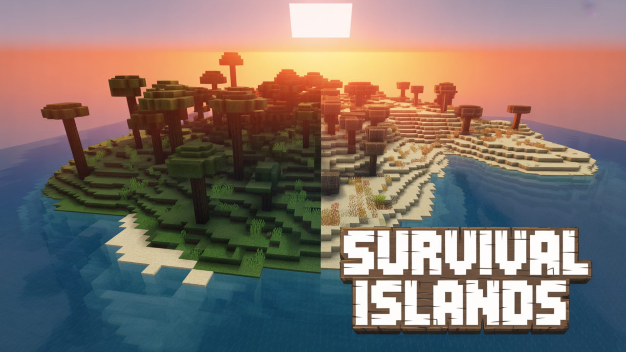 Thumbnail showing the top 10 survival island seeds in MCPE 1.21 with tropical islands, ocean, and a Minecraft PE player exploring.